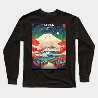 Japan Mt. Fuji Cherry Blossom Starry Night Vintage Tourism Travel Poster Long Sleeve T-Shirt